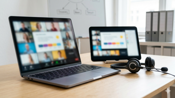 Laptop mit offener Videokonferenz im Bildschirm