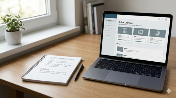 Laptop und Schreibutensilien