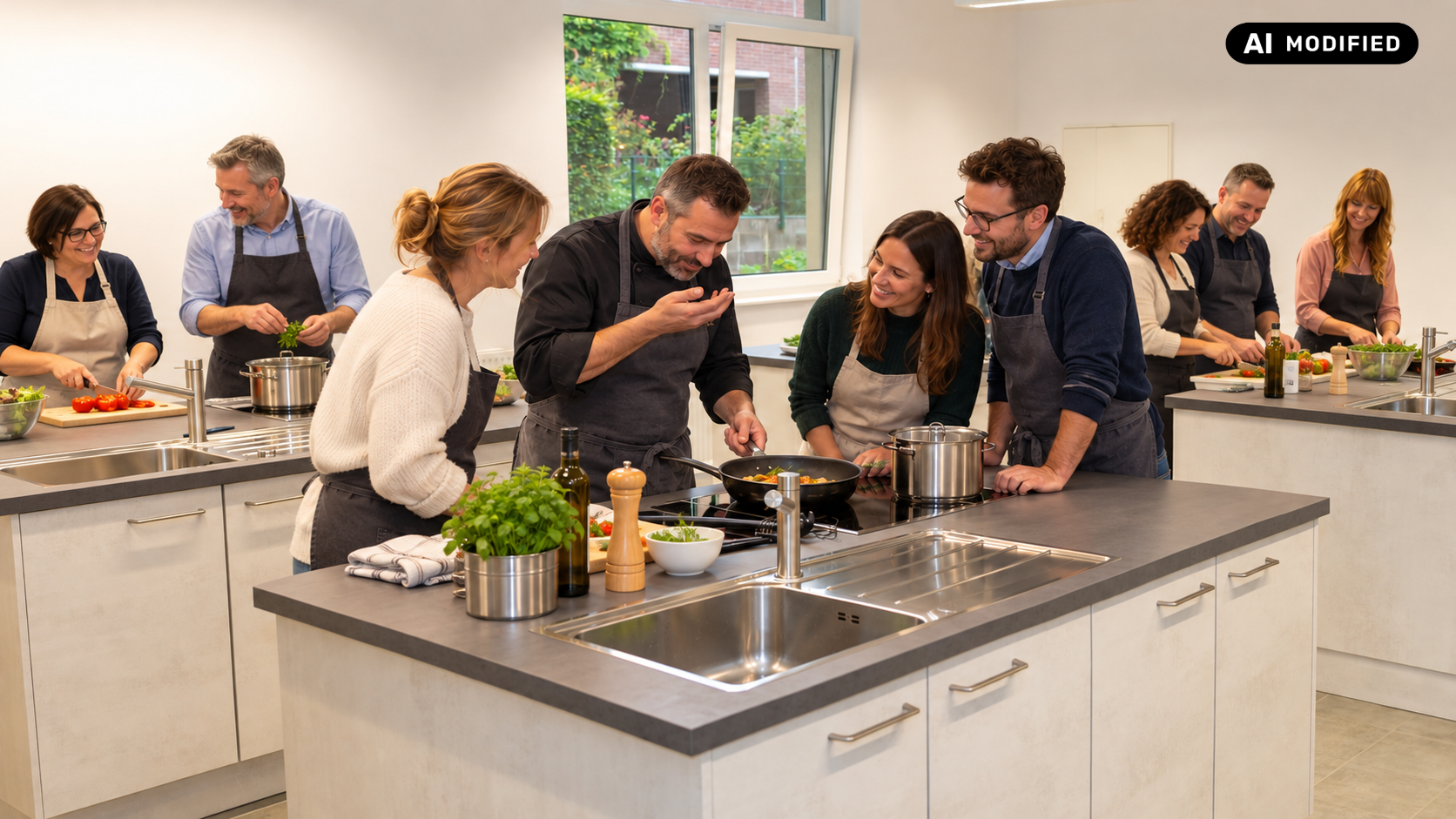 Gemeinsames Kochen an den Kochinseln der Lehrküche Rosdorf