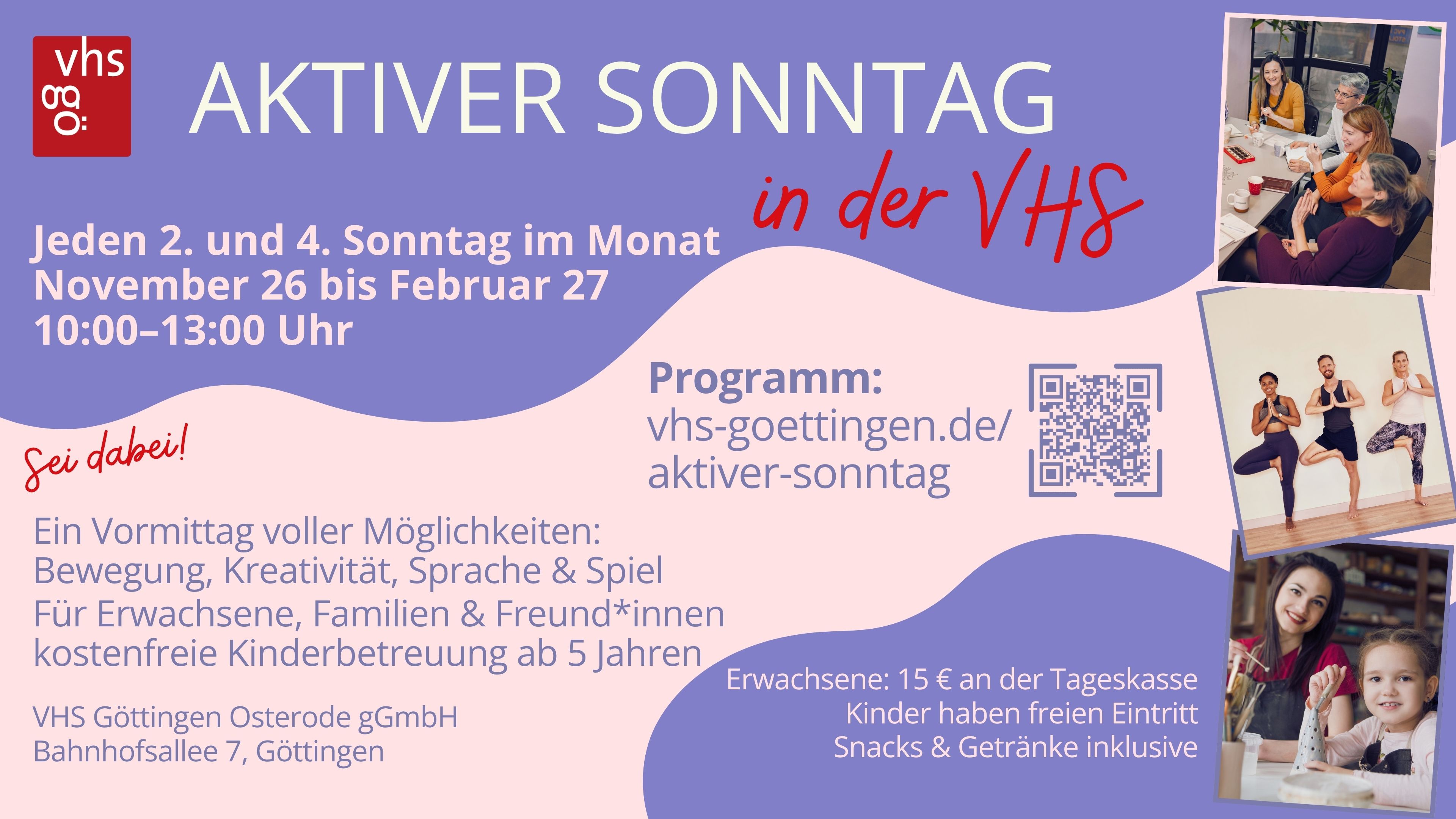 Plakat zum Aktiven Sonntag in der VHS: gemeinsam kreativ werden, sich bewegen und Zeit mit der Familie verbringen.